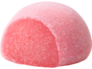 Pink strawberry mochi dessert isolated on transparent background, representing sweet Japanese confection.