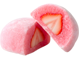 Pink strawberry mochi dessert isolated on transparent background, representing sweet Japanese confection.