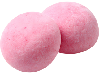 Stack of pink mochi with strawberry and mint leaf isolated on transparent background, ideal for dessert visuals..