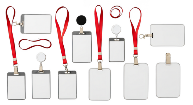 Assorted identification badges with lanyards arranged neatly