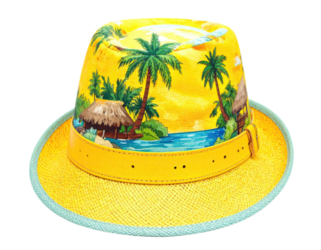 A vibrant hat with a tropical scene. The brim is yellow straw, with a patterned crown