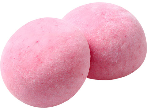 Stack of pink mochi with strawberry and mint leaf isolated on transparent background, ideal for dessert visuals..