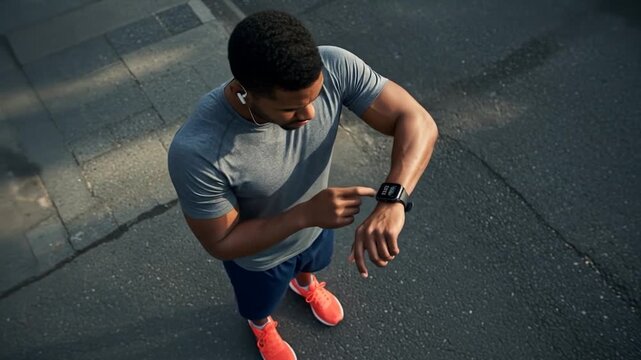 Man checks fitness tracker on wrist while jogging on asphalt path