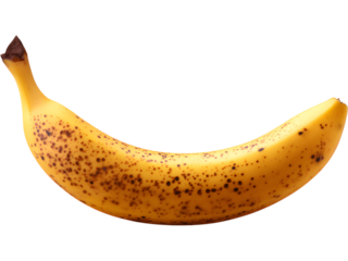 Ripe banana with brown spots isolated on transparent background, representing natural ripeness and authenticity.