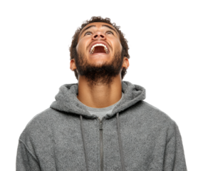 Joyful man laughing portrait upward view isolated on transparent background