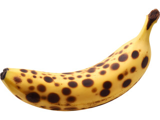 Ripe banana with brown spots isolated on transparent background, representing natural ripeness and authenticity.