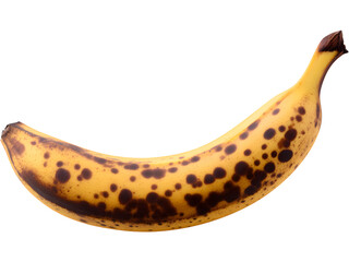 Ripe banana with brown spots isolated on transparent background, representing natural ripeness and authenticity.