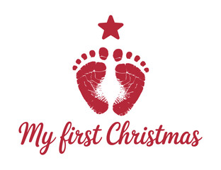 Tiny baby footprints with a festive star above, celebrating a first Christmas.