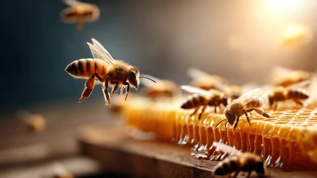 Close-up of honeybees flying around a honeycomb, illuminated with sunlight