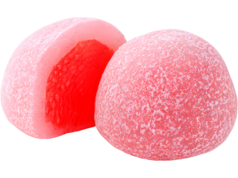 Pink strawberry mochi dessert isolated on transparent background, representing sweet Japanese confection.
