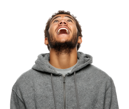 Joyful man laughing portrait upward view isolated on transparent background - Powered by Adobe