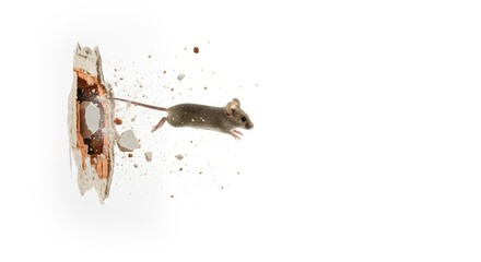 Obraz premium mouse busting or breaking through a wall on a solid white background, animal photo