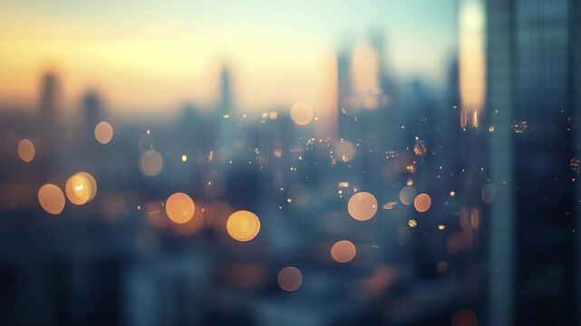 The evening city skyline is visible through a glass window, with warm bokeh lights softly glowing. These bokeh lights create a cozy atmosphere, blending the city’s energy and seren