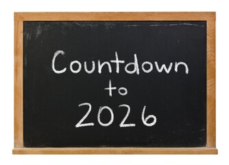 Obraz premium Countdown to 2026 handwritten in white chalk on a black chalkboard isolated in a wooden frame