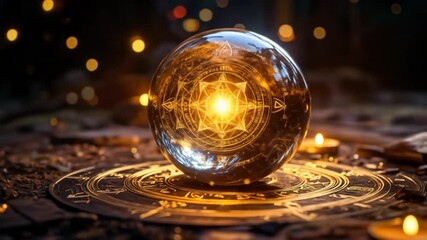 A glowing orb with intricate symbols rests on a similarly adorned surface, with bokeh lights