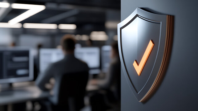 Cybersecurity shield with a bright orange checkmark, symbolizing data protection, privacy, & compliance. Modern office setting depicts an alert cyber team working hard.