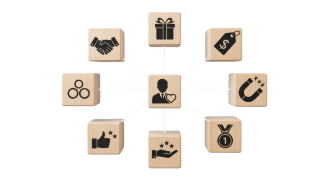 Customer loyalty ecosystem visualized with wooden blocks