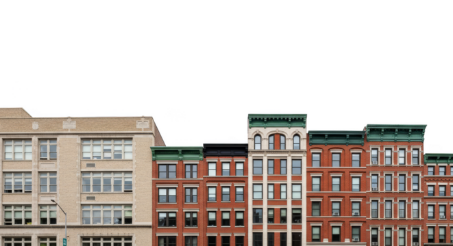 Diverse rooftops rise above city skyline