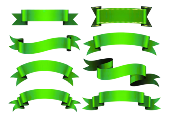 Collection of eight vibrant green satin ribbons and banners in various shapes and styles isolated on transparent background