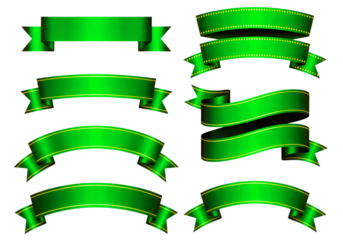 Collection of ornate green ribbons with golden trim isolated on transparent background