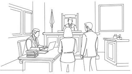 High-Quality Black Continuous Line Art of Two Professionals Standing Before Judge or Mediator, Lawyer Working on Laptop with Legal Books Beside, Simple Linear Courtroom Composition on White Background