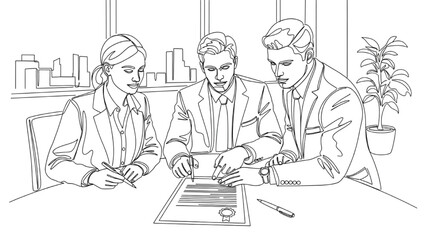 High-Quality Black Continuous Line Art of Three Professionals Reviewing Legal Paperwork at Table, Contract with Seal and Pen Representing Business Law Documentation, Corporate Office Background