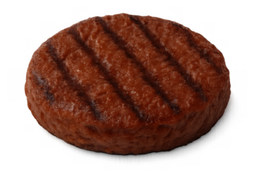 Grilled burger patty with char marks on transparent background, plant-based food for gourmet fast food restaurants
