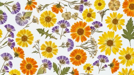 Pressed colorful flowers arranged on a white background, botanical composition - Powered by Adobe