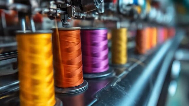 Row of colorful spools of thread on a manufacturing machine