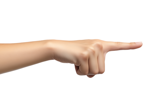 Hand pointing index finger to the right side, showing, indicating, or selecting something on a neutral gray background, clean skin, gesture isolated on transparent background