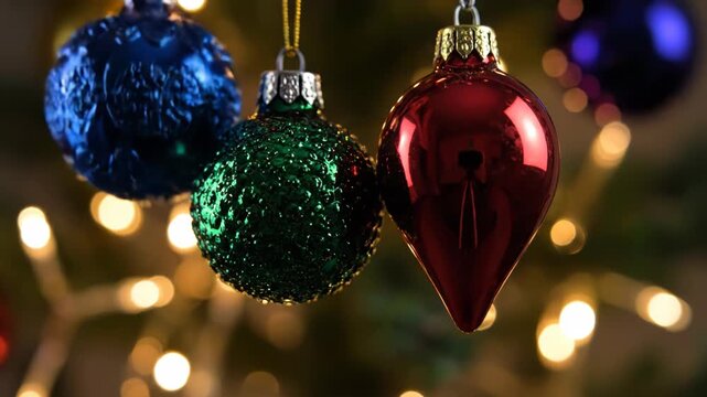 Colorful Christmas ornaments hanging on a string with blurred lights in the background for holiday decorations