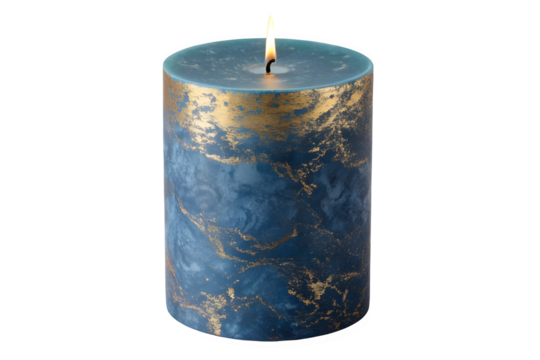 Blue and gold textured pillar candle with flame isolated on transparent background