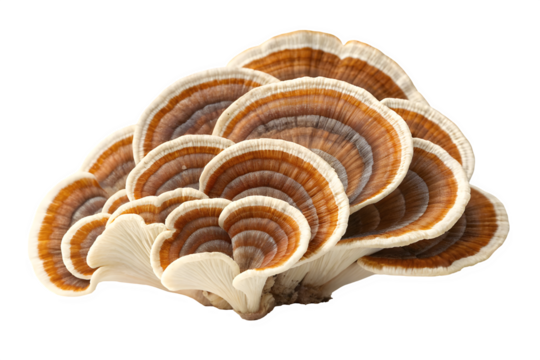 Cluster of colorful turkey tail mushrooms isolated on transparent background