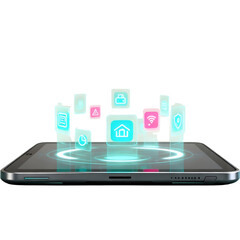Sleek portable device illustrating a futuristic interface with holographic icons for smart home management, cloud services, and connected digital experiences