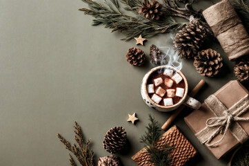 Hot Chocolate and Christmas Decorations with Copy Space on Green Background