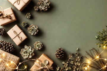 Christmas Gifts and Decorations with Copy Space on Green Background