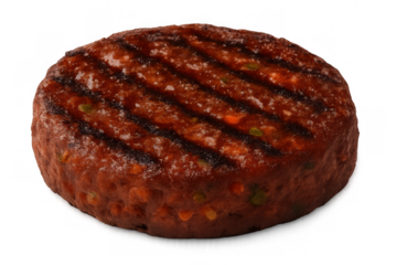 Grilled vegan patty with green and red pieces, plant-based meat alternative for healthy eating, transparent background