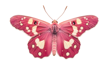 Vibrant pink butterfly specimen with striking white and yellow spot patterns on the wings, showcasing detailed insect texture, top view isolated on transparent background