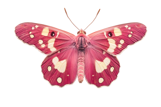 Vibrant pink butterfly specimen with striking white and yellow spot patterns on the wings, showcasing detailed insect texture, top view isolated on transparent background