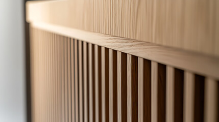 Detailed capture of a wooden partition, highlighting the interplay of light and shadow on its vertically slatted design. The neutral palette enhances its clean lines.