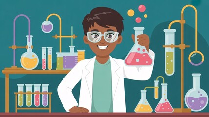 Young Boy in Lab Coat Enthusiastically Conducts Chemistry Experiment with Colorful Liquids scientist