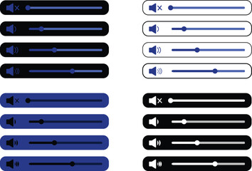 Set of audio volume slider icons in black and white styles. Mute, low, medium, and high sound levels. Flat UI elements for media player interface, app, or web design. Isolated vector illustration.