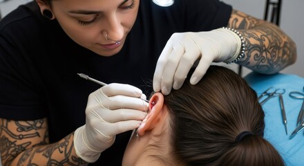 Woman piercer making ear piercing on client woman. Body modification and beauty fashion trend. Piercing studio procedure.