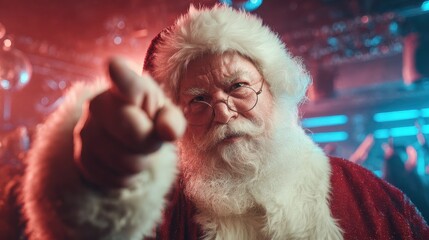 Obraz premium santa claus dj pointing at camera in a festive nightclub