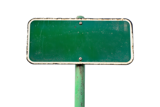 Empty, rectangular green metal street or road sign on a post, featuring a distressed, rusty, and grunge texture, ready for text isolated on transparent background