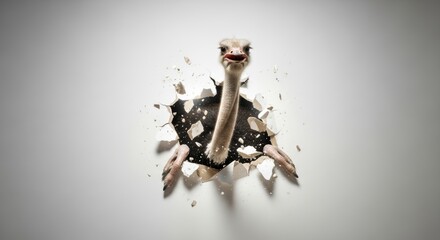 Fototapeta premium ostrich busting or breaking through a wall on a solid white background, animal photo