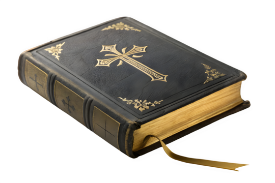 Antique holy bible with ornate cross isolated on transparent background