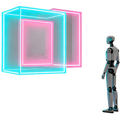 Robot Gazing at Neon Cubes A Digital World