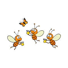 Three happy cartoon bees and a butterfly enjoying the day