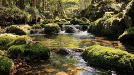 Fototapeta premium Tranquil Stream Flowing Through Lush Green Mossy Rocks in Serene Forest Setting Surrounded by Vibrant Flora and Peaceful Natural Landscape